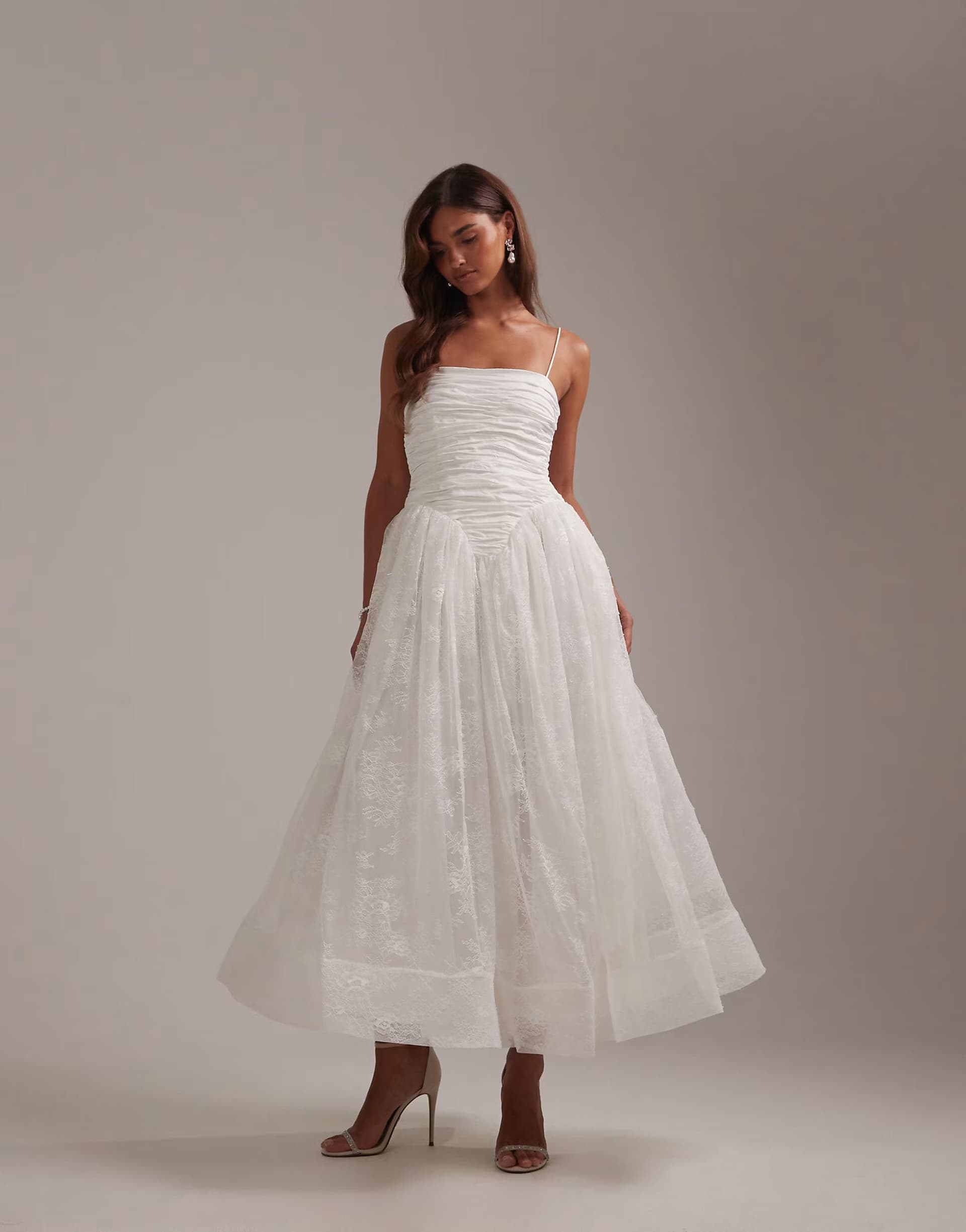 ASOS ASOS DESIGN cami ruched bust maxi wedding dress with full lace skirt in ivory