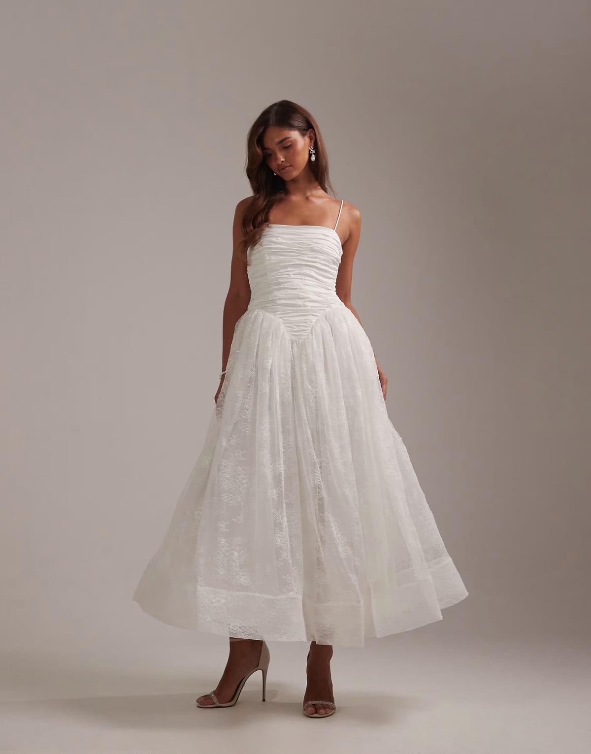ASOS ASOS DESIGN cami ruched bust maxi wedding dress with full lace skirt in ivory - 1