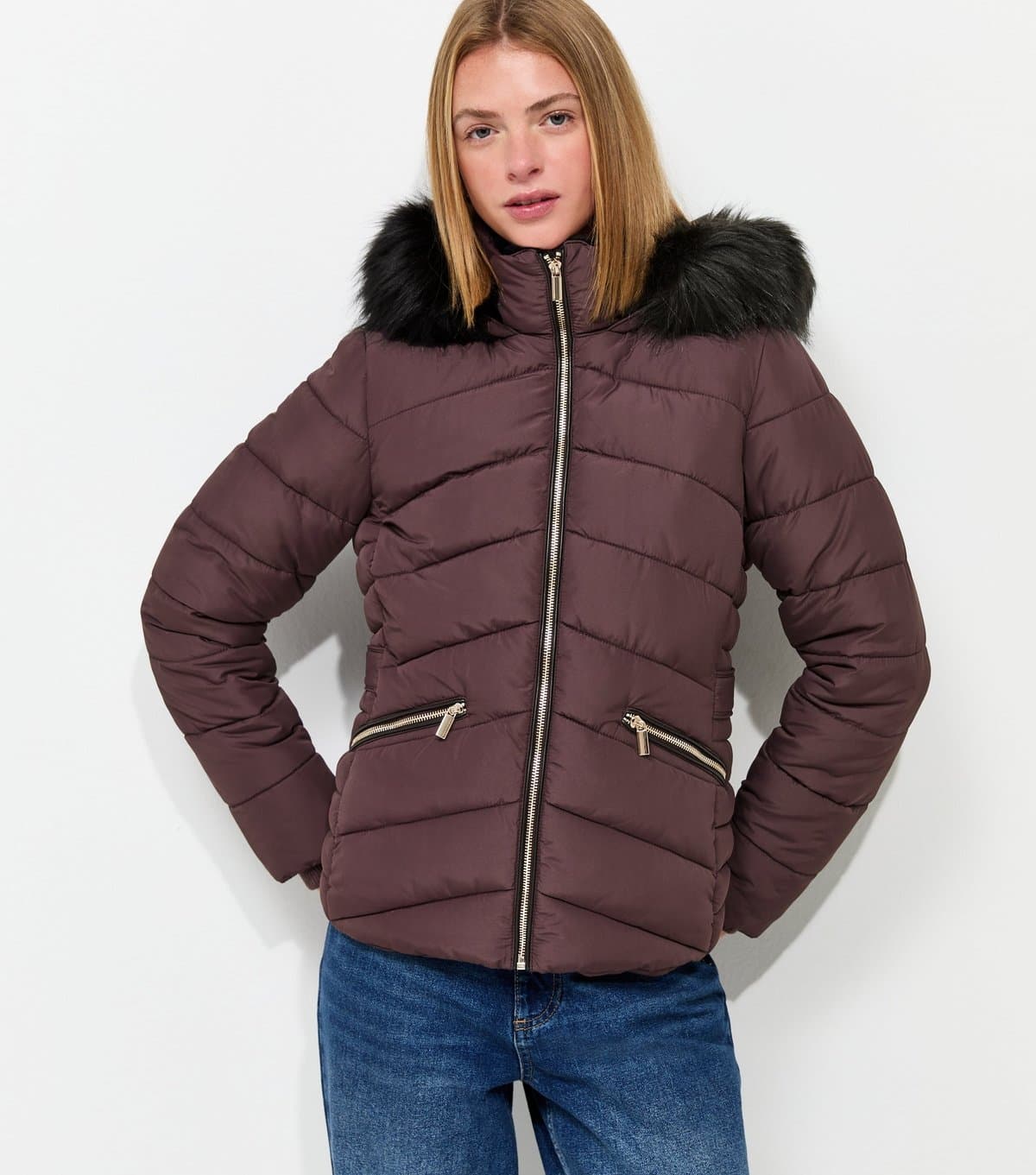 New Look Women's Burgundy Faux Fur Hooded Puffer Jacket New Look