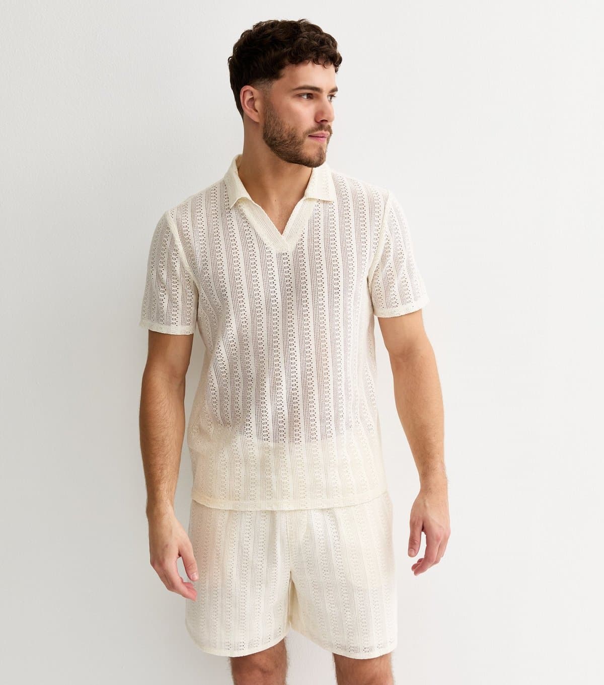 New Look Men's Off White Regular Crochet Drawstring Shorts New Look