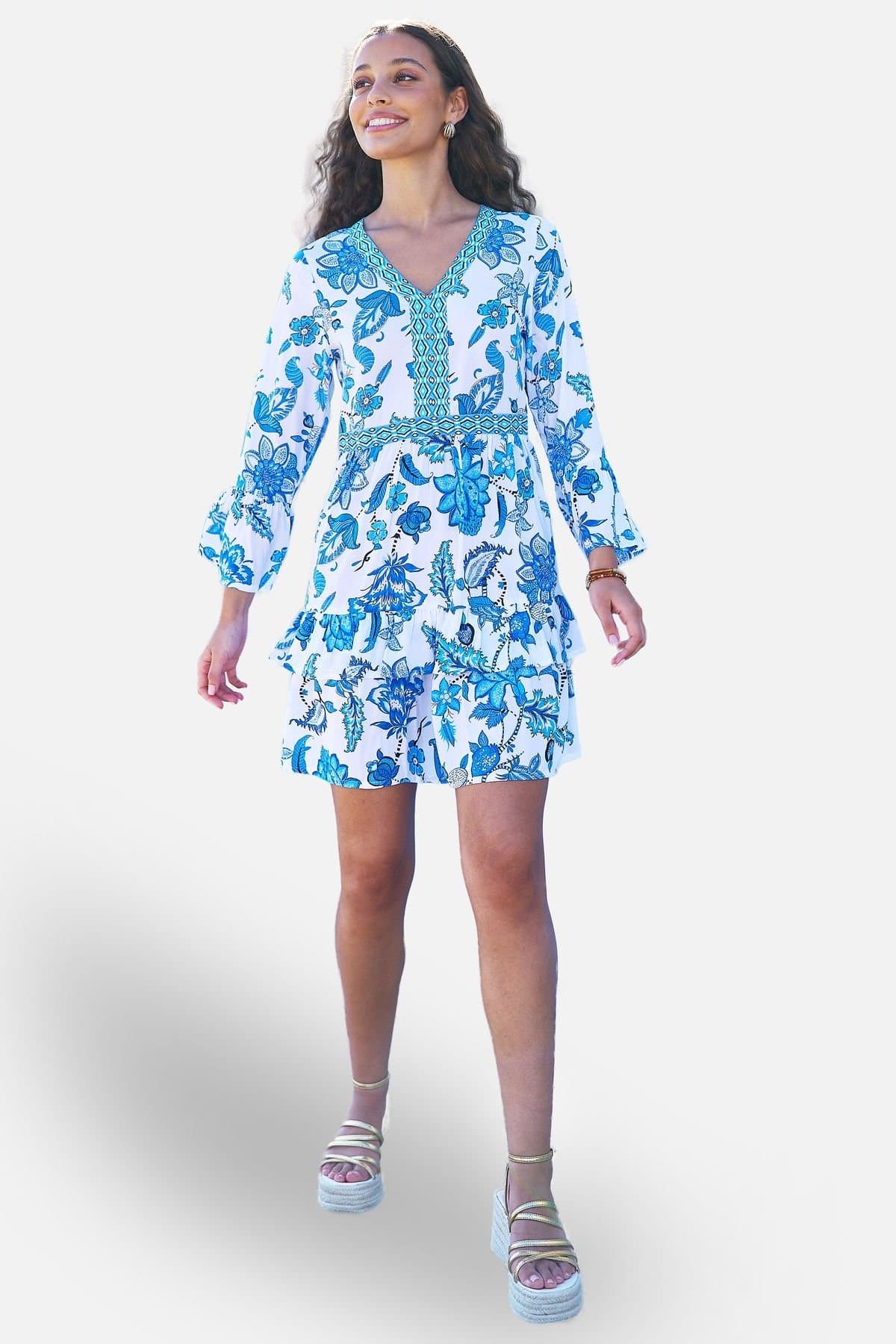 Yumi Yumi Women's Blue Floral Tencel Beach Tunic in Bright Blue