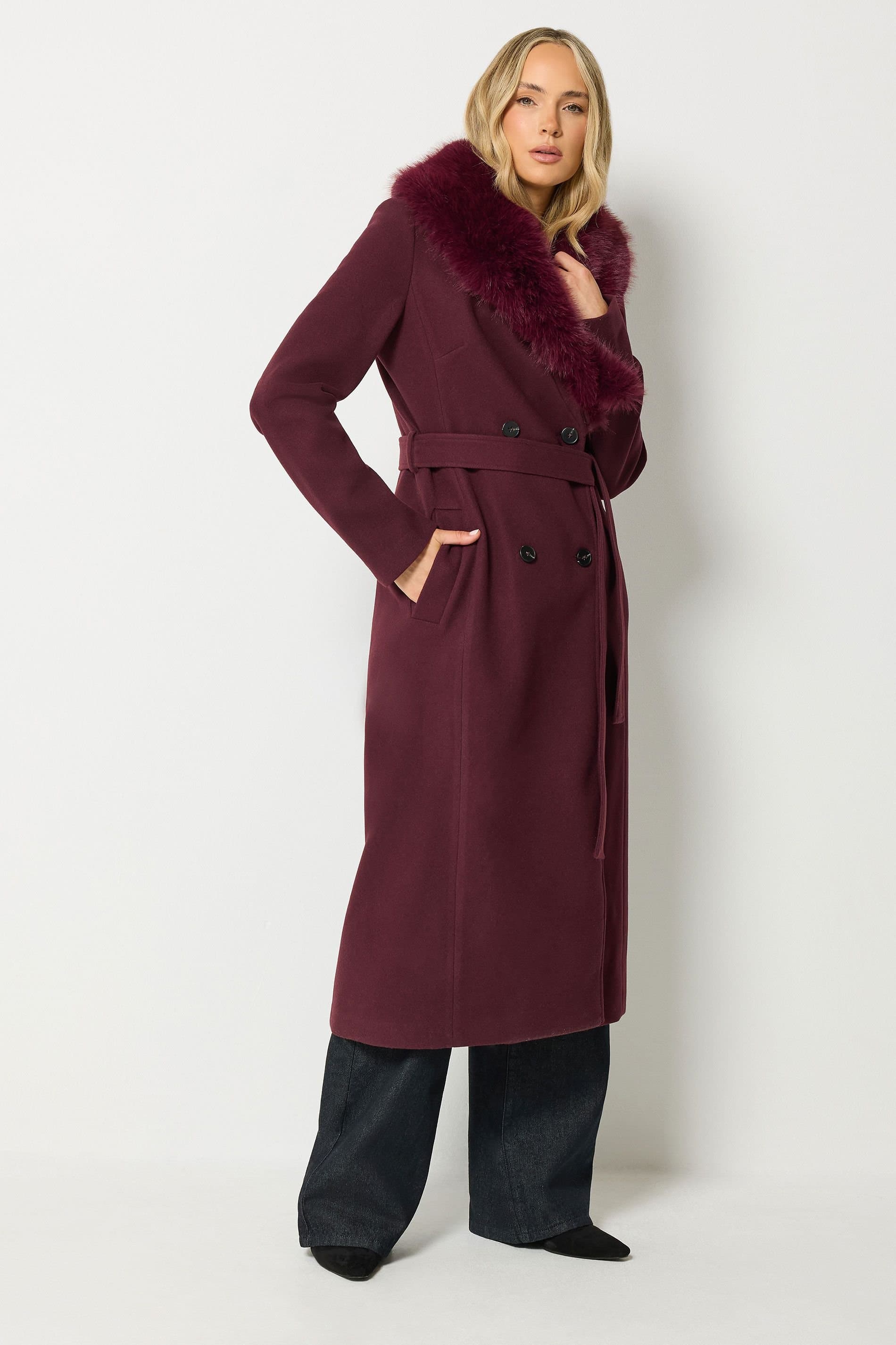Long Tall Sally Long Tall Sally Women's Tall Faux Fur Collar Midi Coat in Burgundy