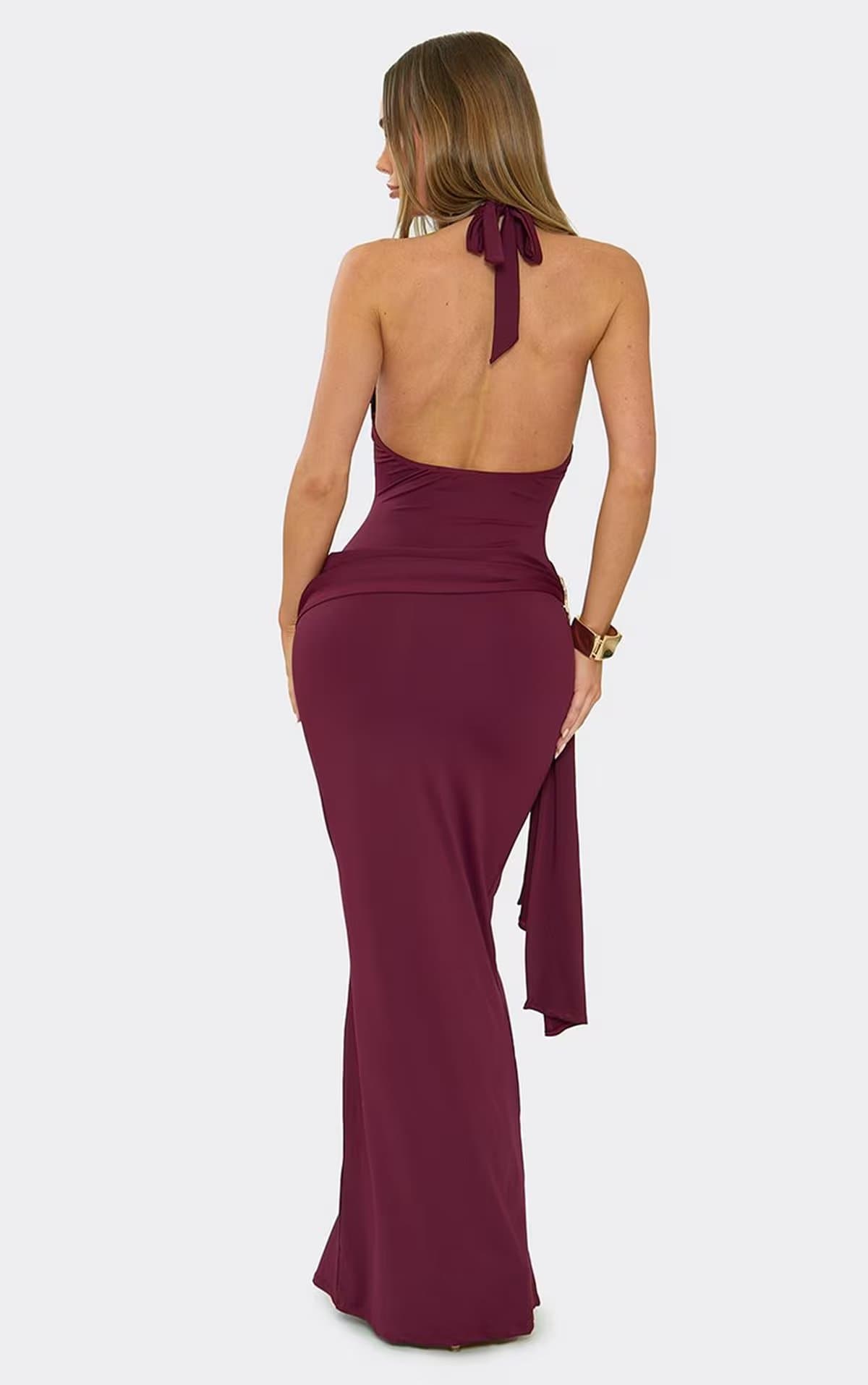 EGO High Neck Trim Wrap Detail Drape Front Maxi Dress In Wine, Women's Size UK 6
