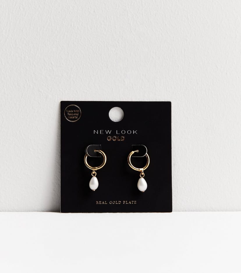New Look 18ct Gold Plated Faux Pearl Drop Hoop Earrings New Look - 1