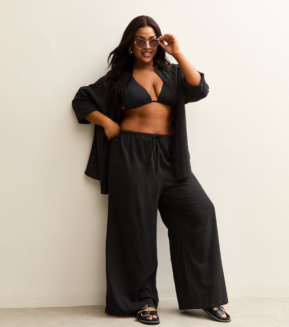 New Look New Look Black Cotton Slub Wide Leg Trousers