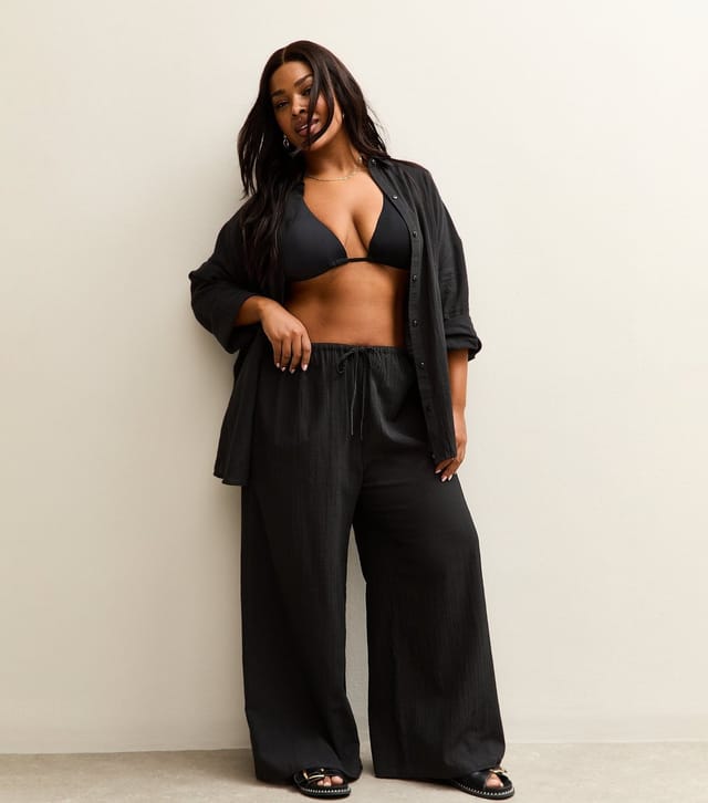 New Look Women's Plus Size Black Cotton Slub Beach Trousers Curves New Look - 3