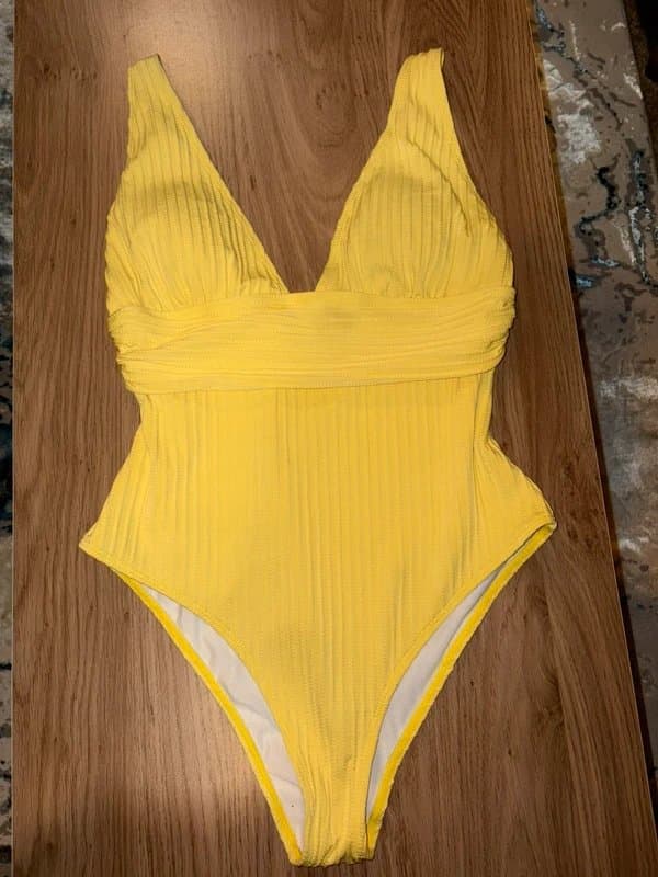 Dolly Daydream NEW 8/10 UK lemon pastel rib textured swimsuit size adjustable multiway halter strapped swim costume