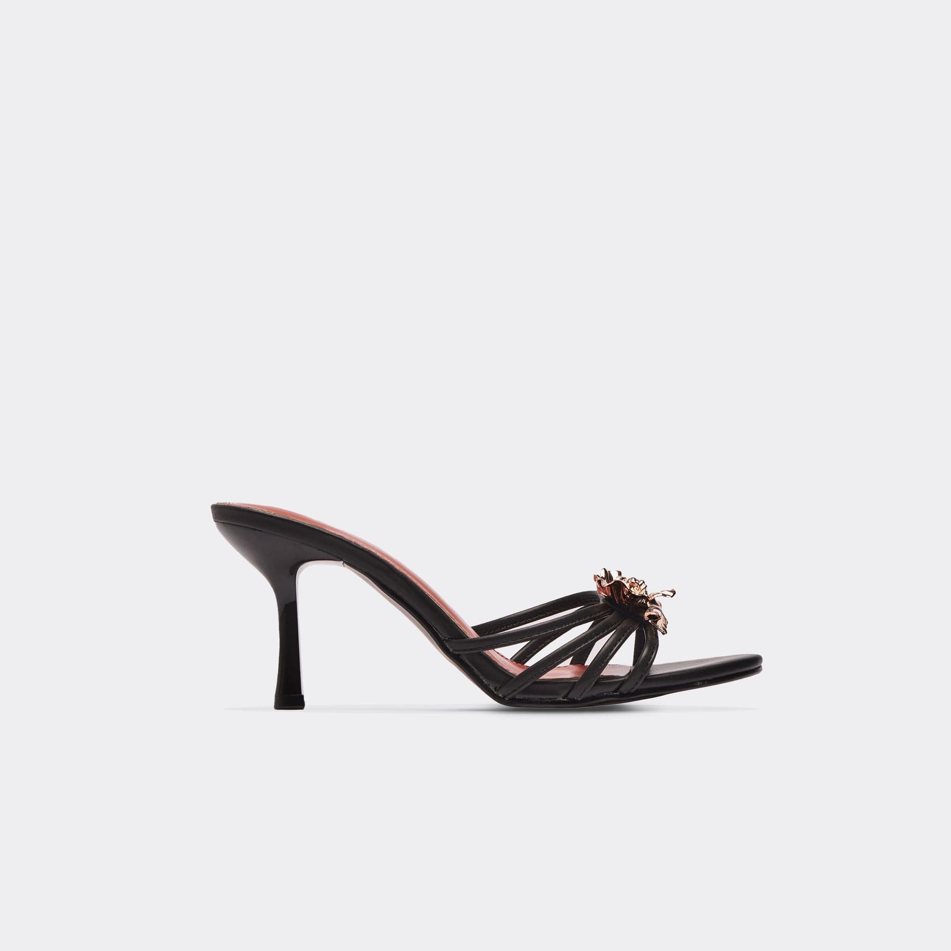 EGO EGO Black Faux Leather Flower Detail Strappy Heeled Mule