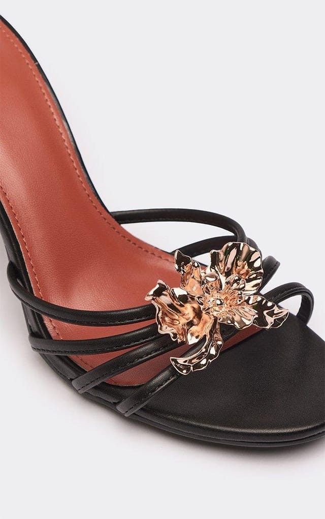 EGO Marlon Flower Detail Strappy Heeled Mule In Black Faux Leather, Women's Size UK 3 - 2