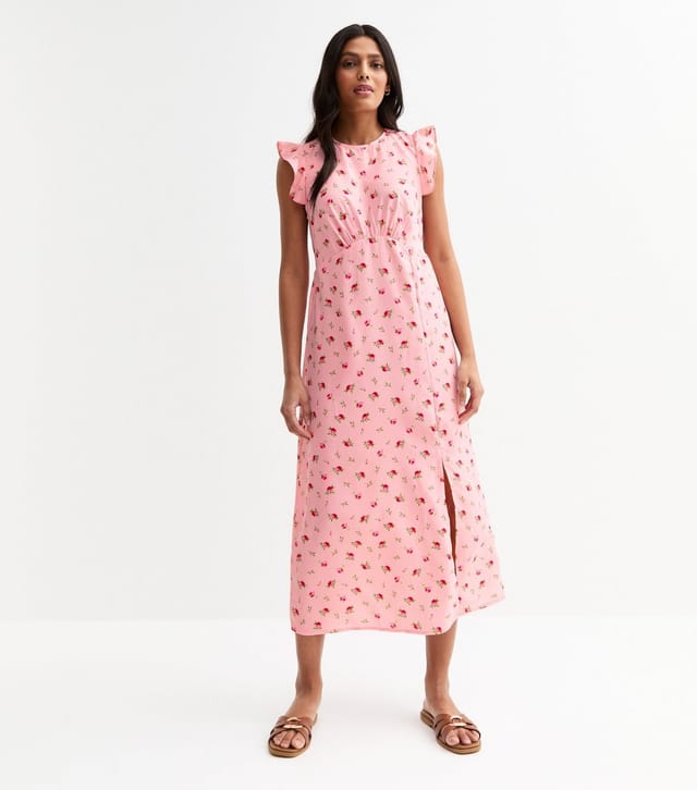 New Look Women's Pink Rose Print Frill Sleeve Midi Dress New Look - 3
