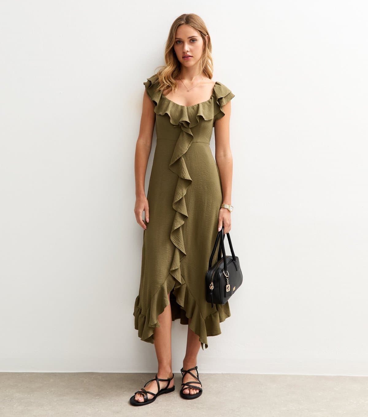 New Look Women's Khaki Ruffled Asymmetric Midi Dress New Look
