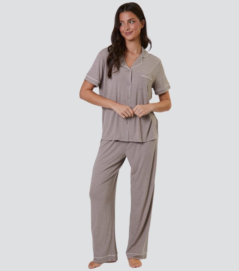 Loungeable Women's Oatmeal Ribbed Short Sleeve Shirt and Trousers Pyjama Set Loungeable New Look - 1