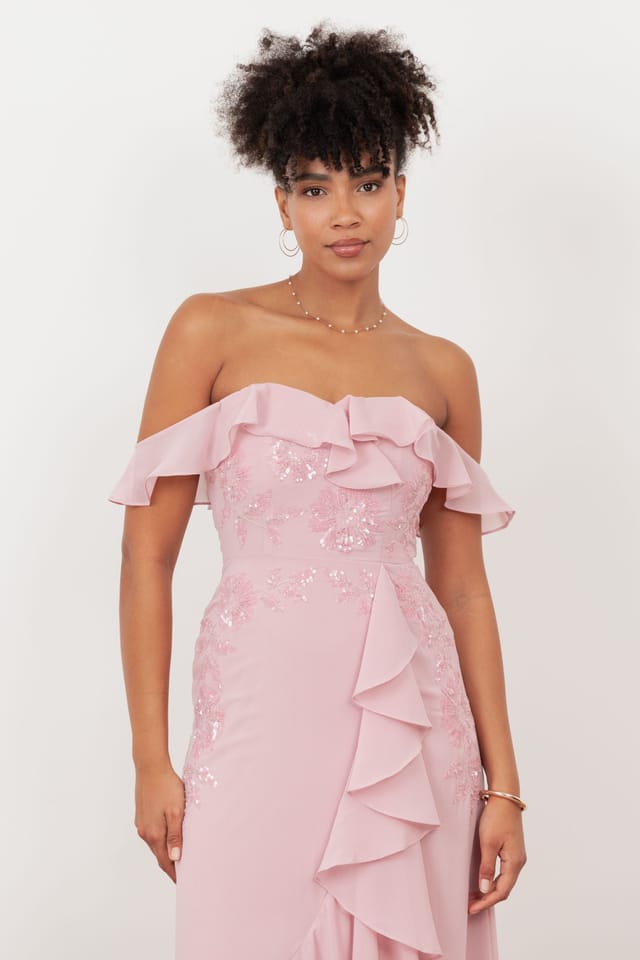 Maya Deluxe Maya Deluxe Women's Embellished Faux Wrap Bardot Midaxi Dress in Light Pink - 3