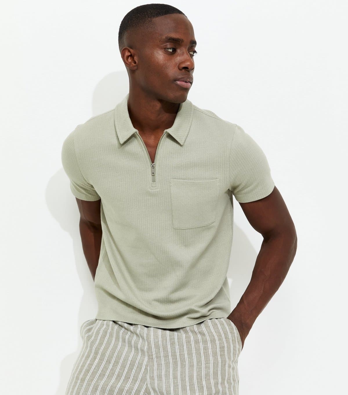 New Look Men's Light Khaki Regular Textured Quarter Zop Polo Shirt New Look