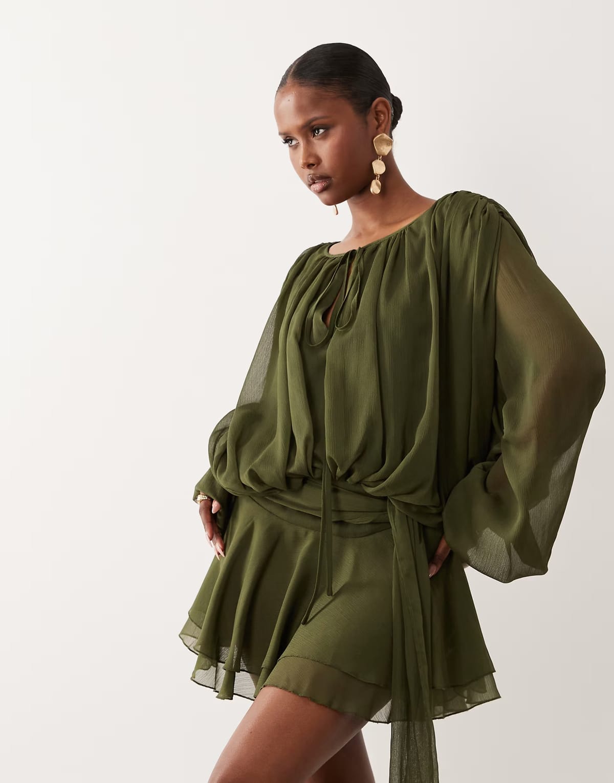 ASOS Lioness Elements chiffon drape detail balloon sleeve tie waist mini dress in khaki - 1