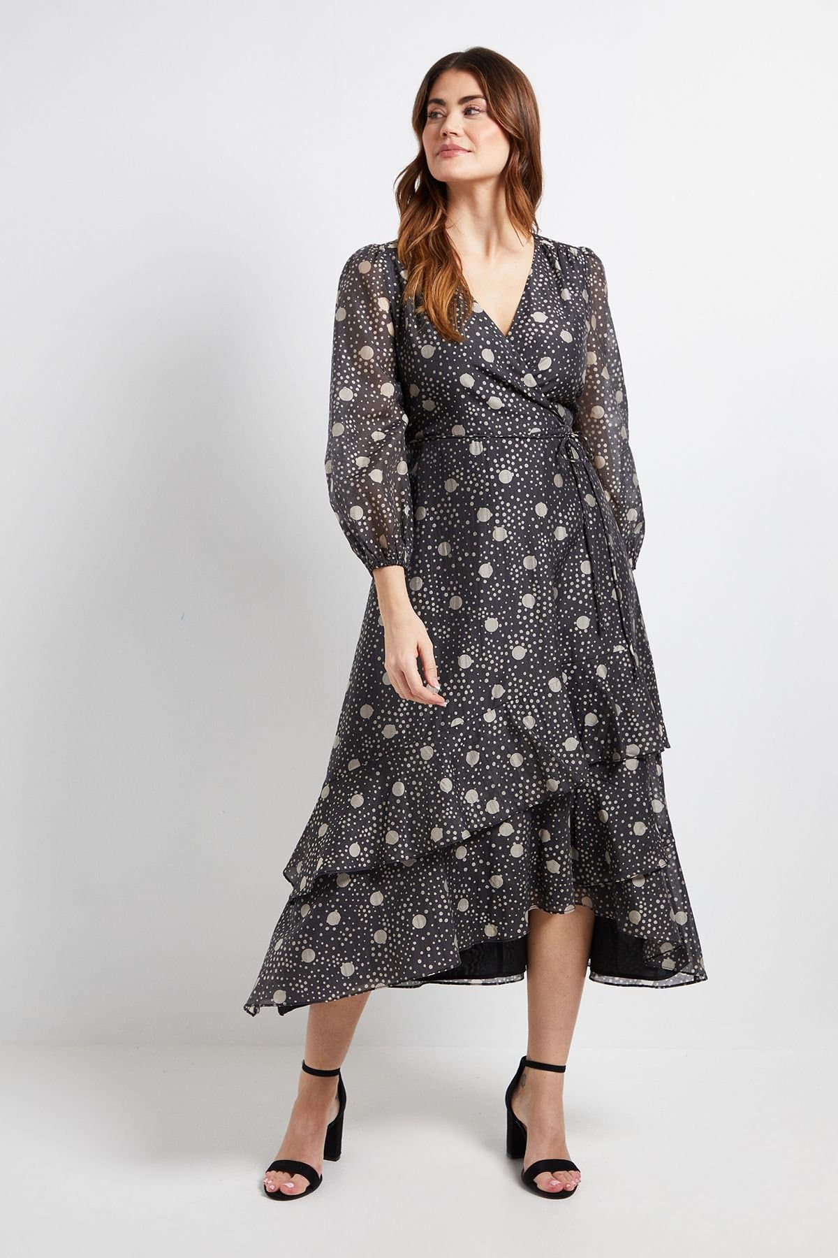 Wallis Wallis Women's Polka Dot Ruffle Wrap Midi Dress in Black