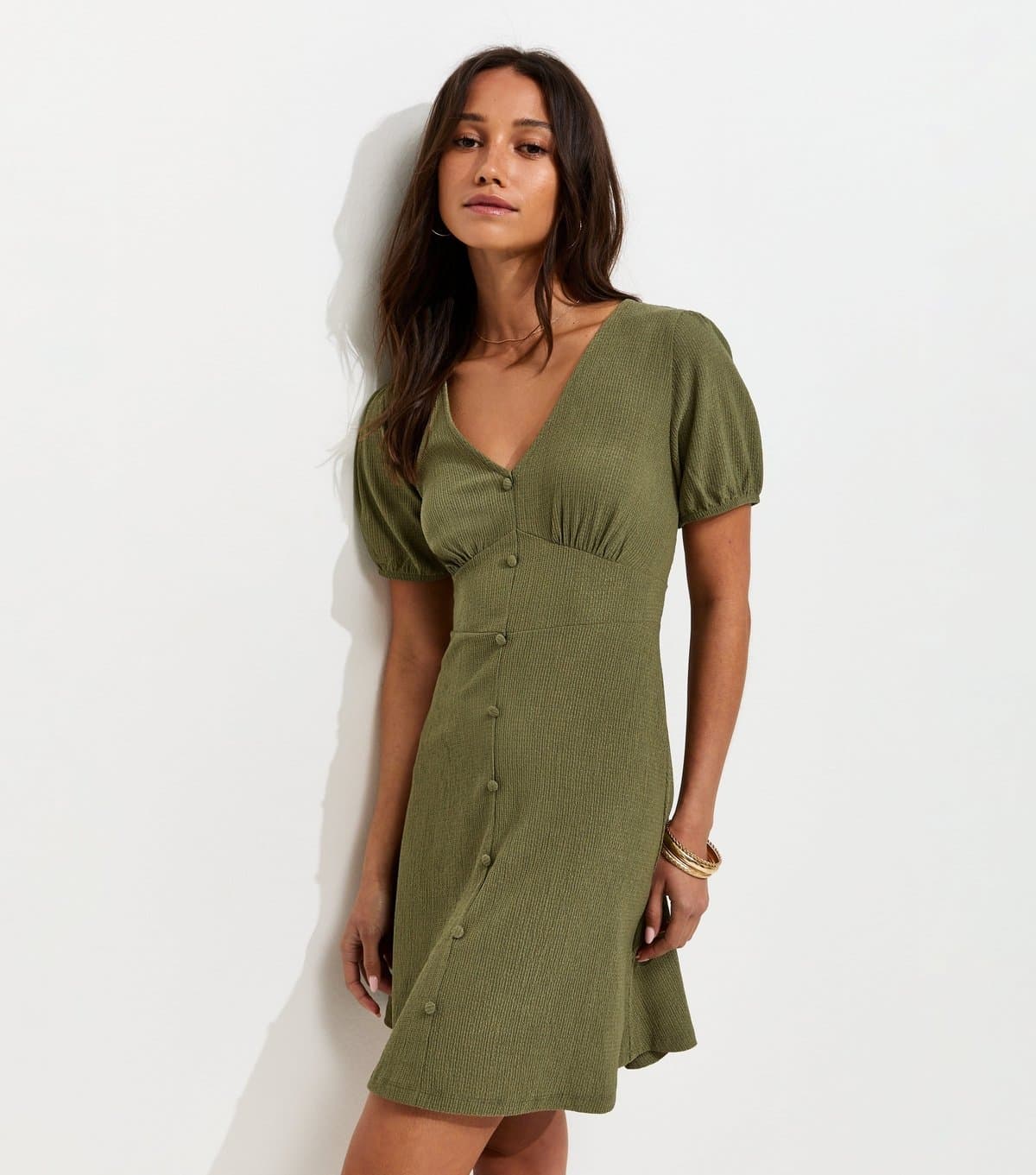New Look Women's Dark Khaki Crinkled Short Sleeve Mini Dress New Look