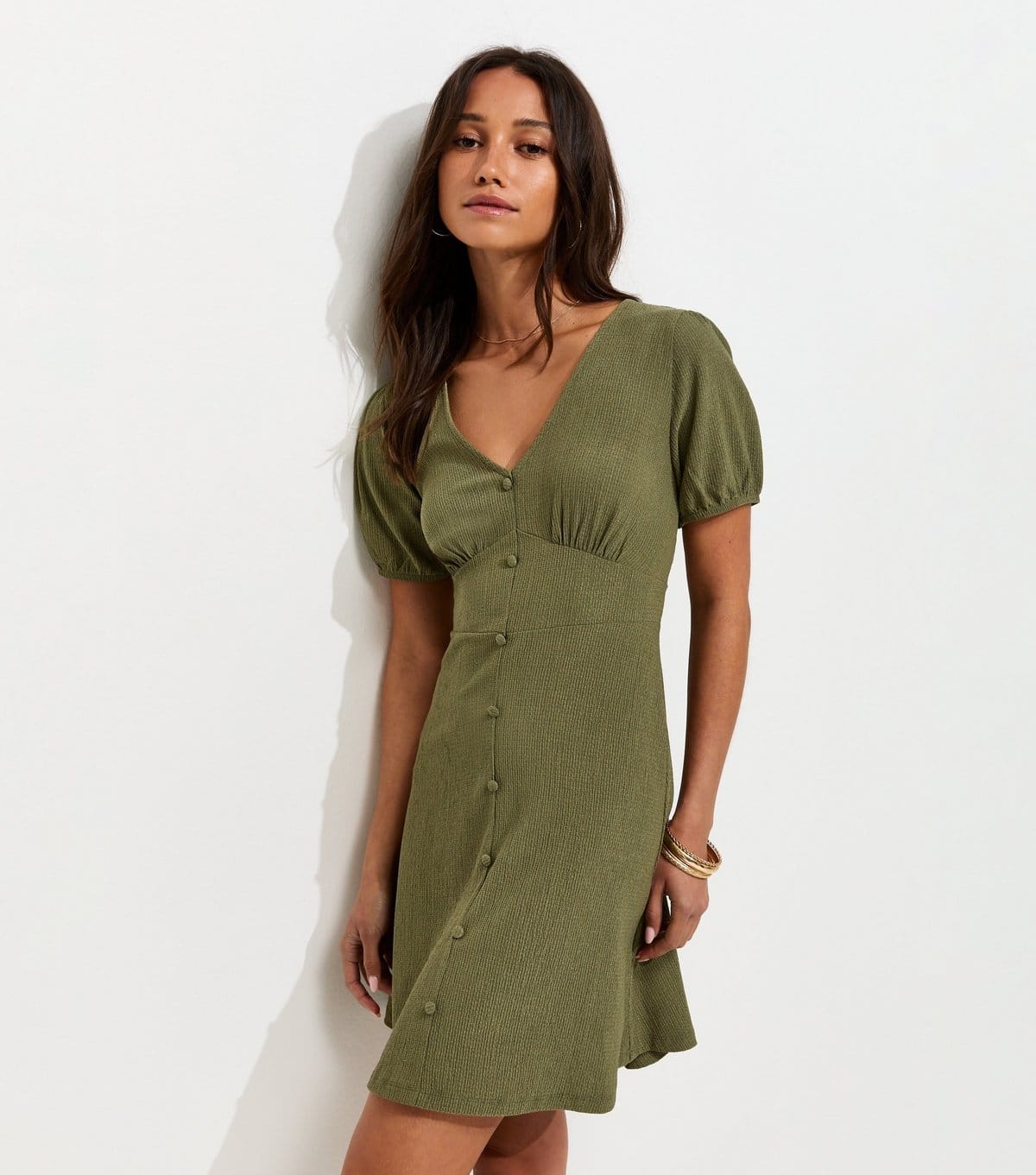 New Look Khaki Crinkled Jersey Mini Dress