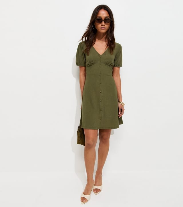 New Look Women's Dark Khaki Crinkled Short Sleeve Mini Dress New Look - 3