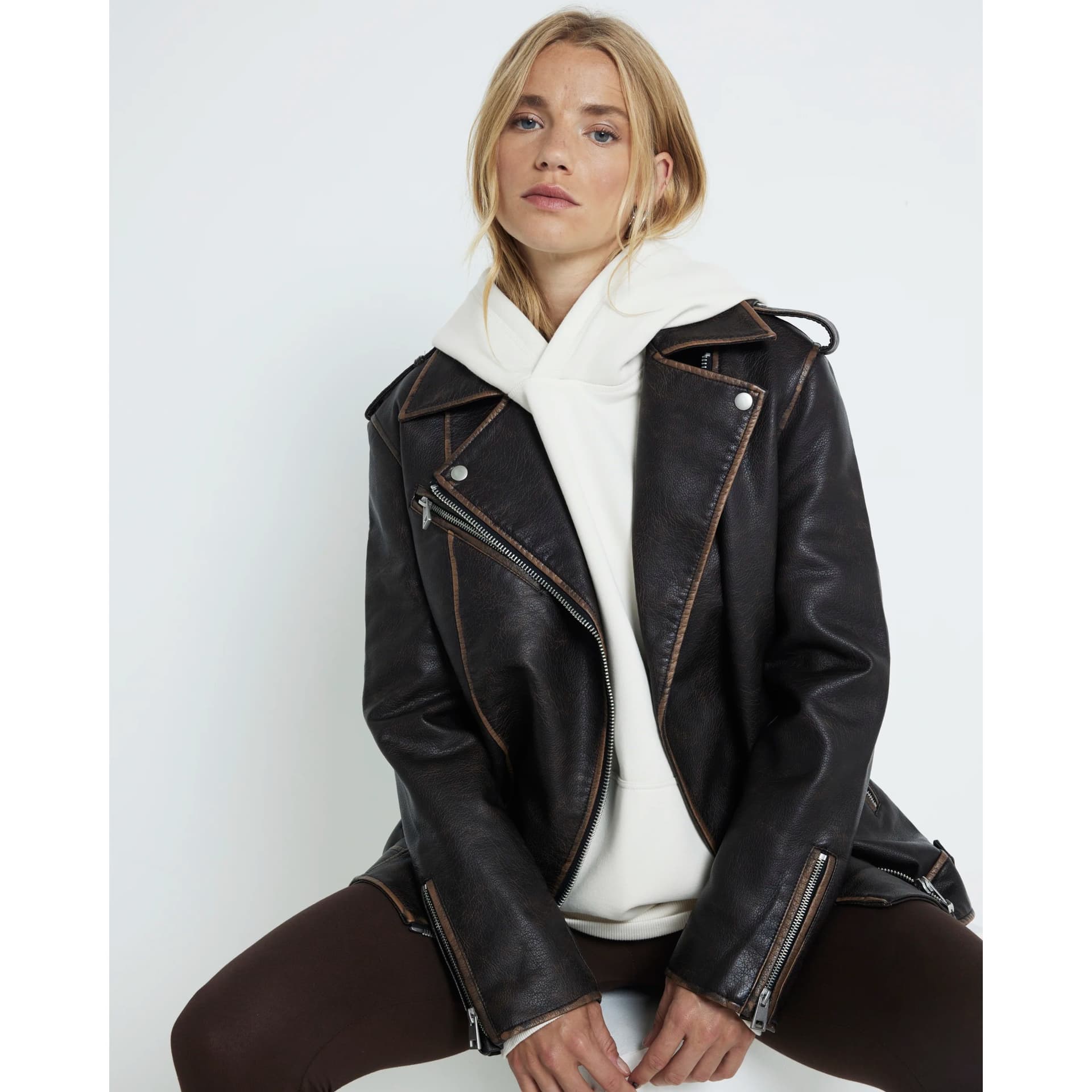 River Island River Island Womens Brown Faux Leather Oversized Biker Jacket