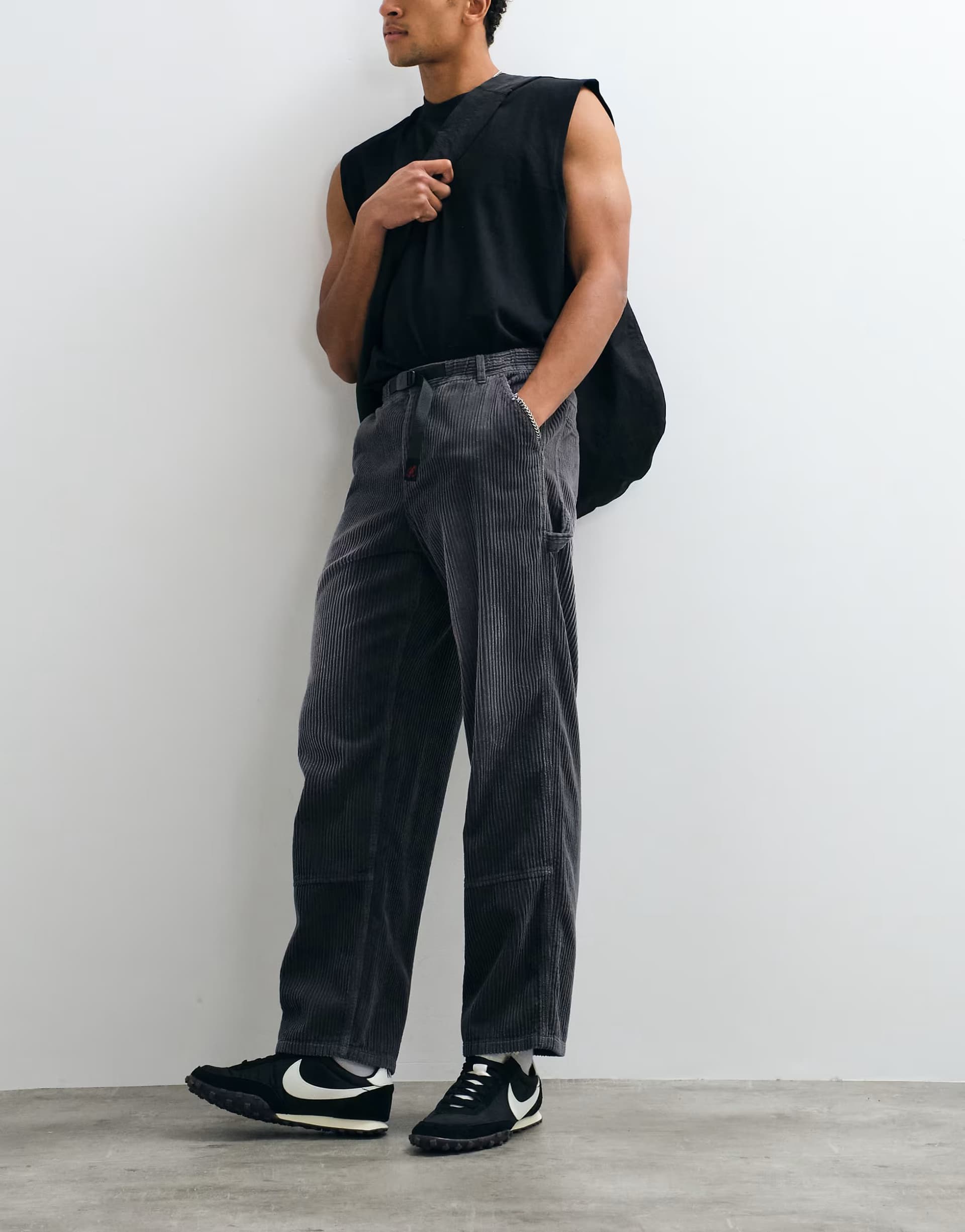 ASOS Gramicci baggy chunky cord trousers in charcoal