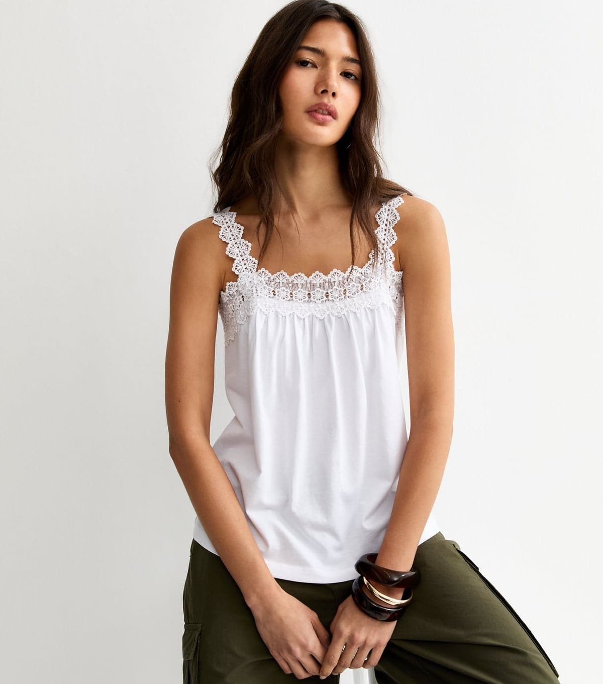 New Look Women's White Square Neck Trim Cami Top New Look