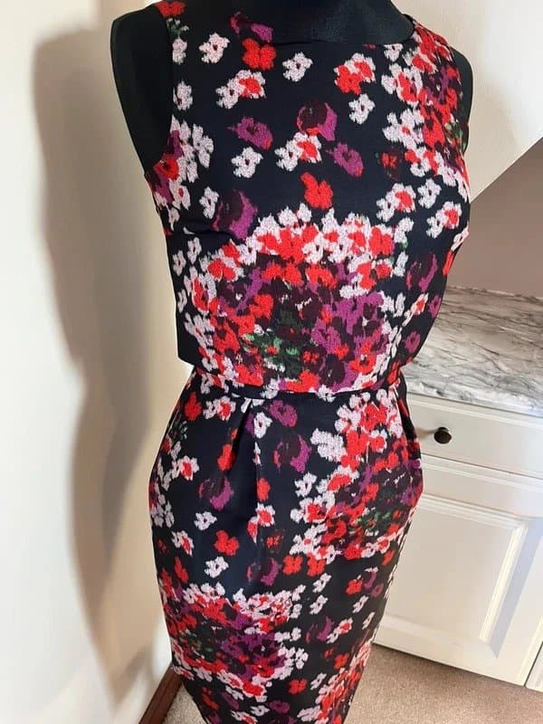 Hobbs Hobbs Black Red Sleeveless Floral Summer Midi Dress Zip Back Special Occasion Size 8