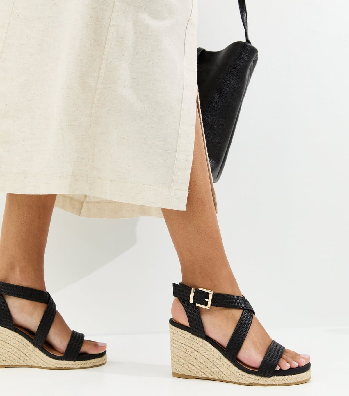 New Look Women's Wide Fit Black Textured Faux Leather Wedge Sandals Vegan New Look