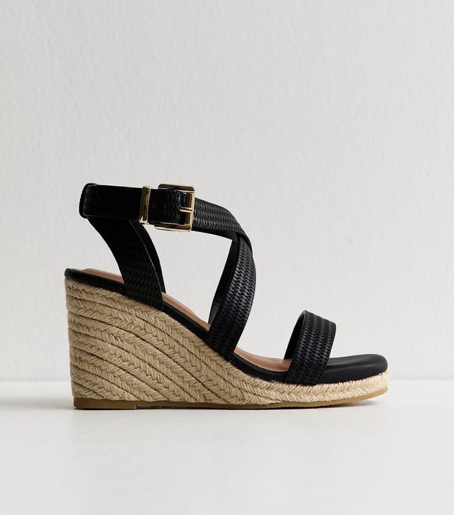 New Look Women's Wide Fit Black Textured Faux Leather Wedge Sandals Vegan New Look - 2