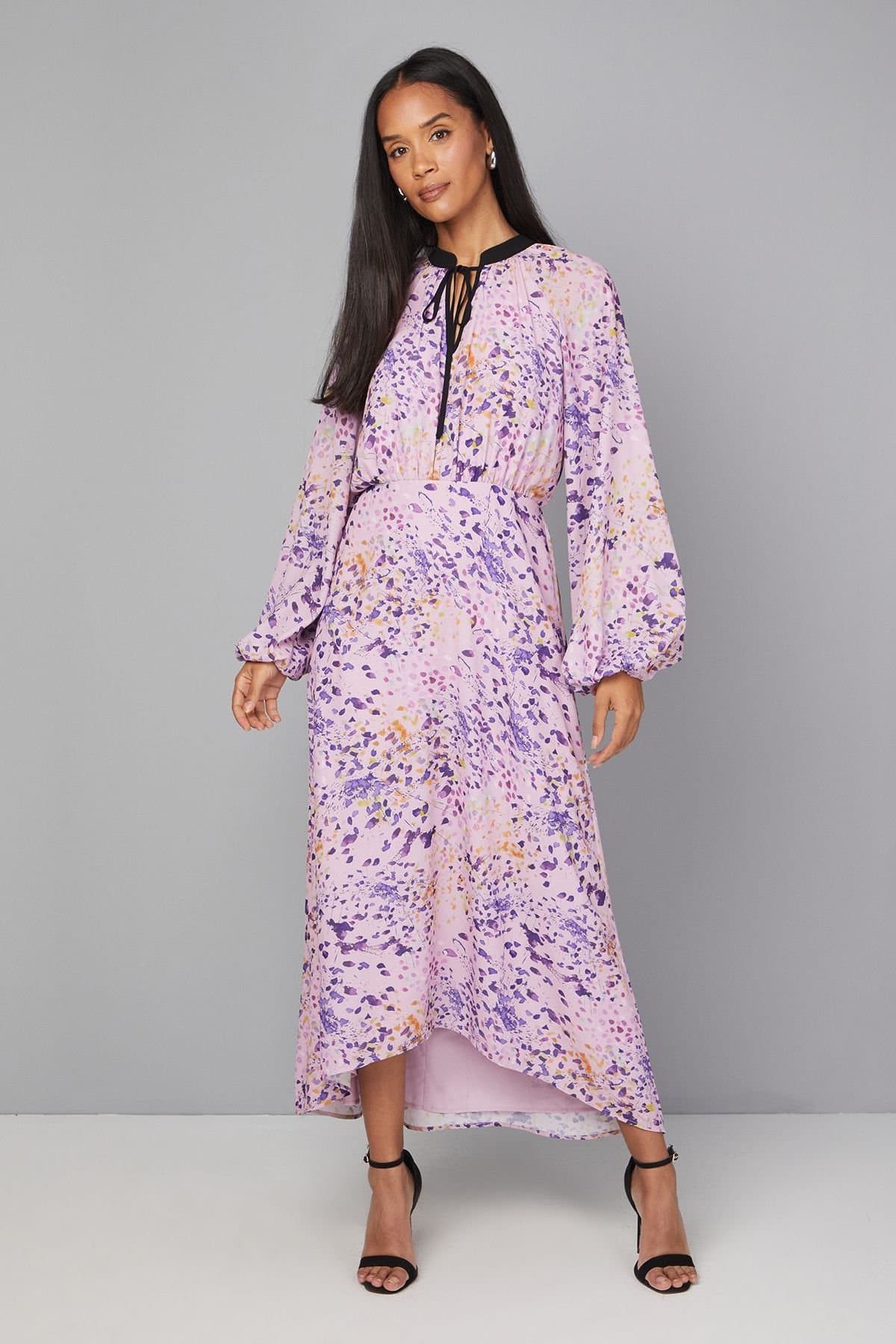 Wallis Wallis Women's Abstract Tie Neck Midi Dress in Lilac