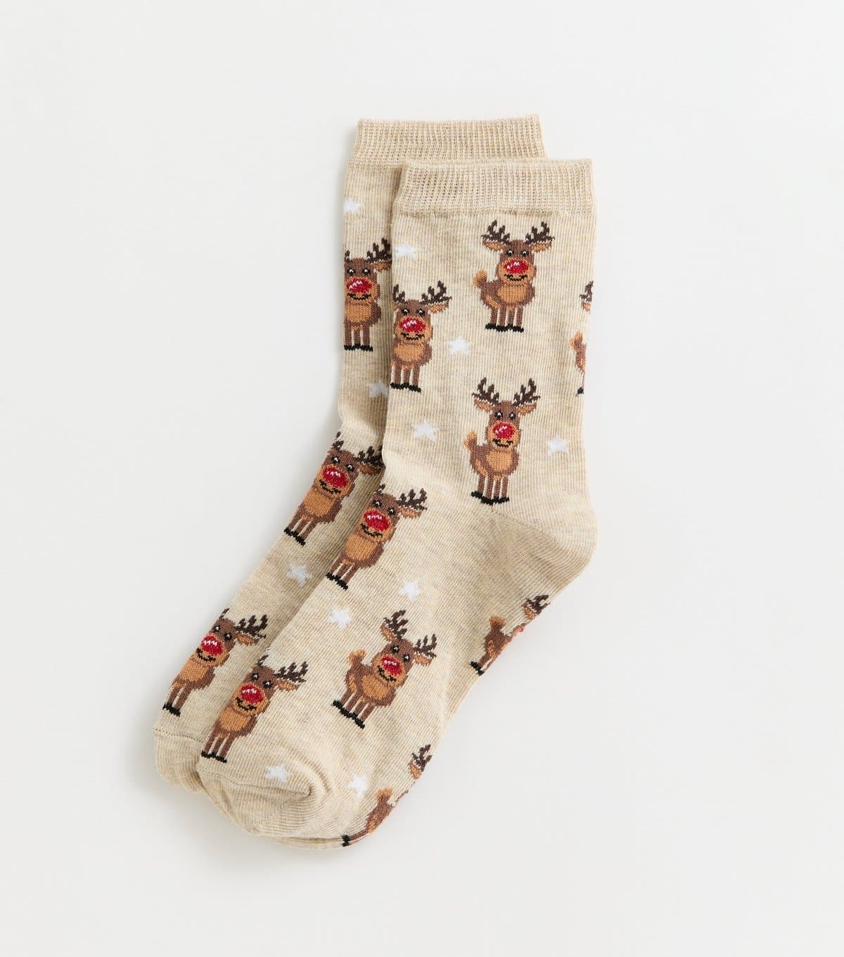 New Look Oatmeal Christmas Reindeer Pattern Ankle Socks New Look