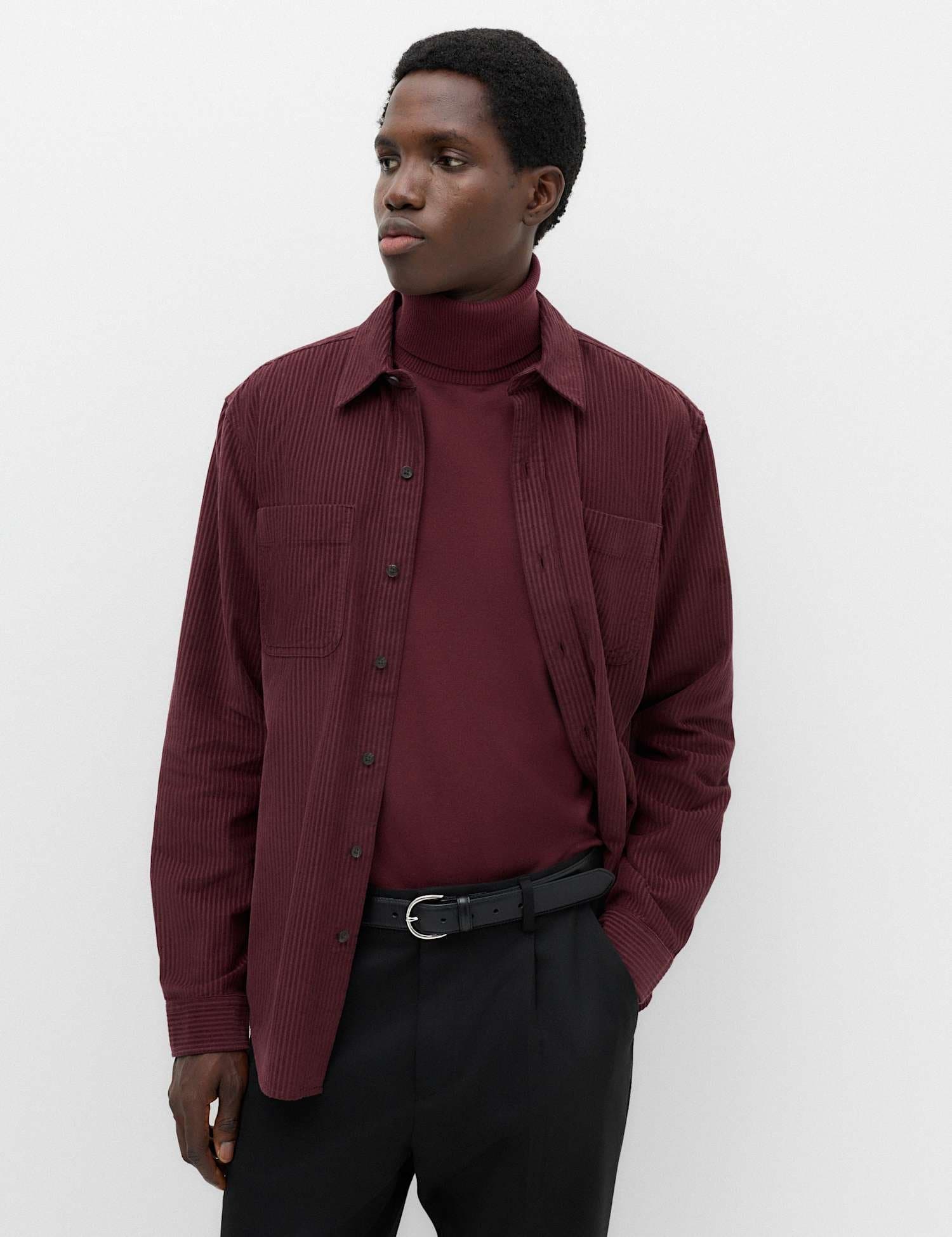 Marks & Spencer M&S Regular Fit Striped Corduroy Shirt Burgundy