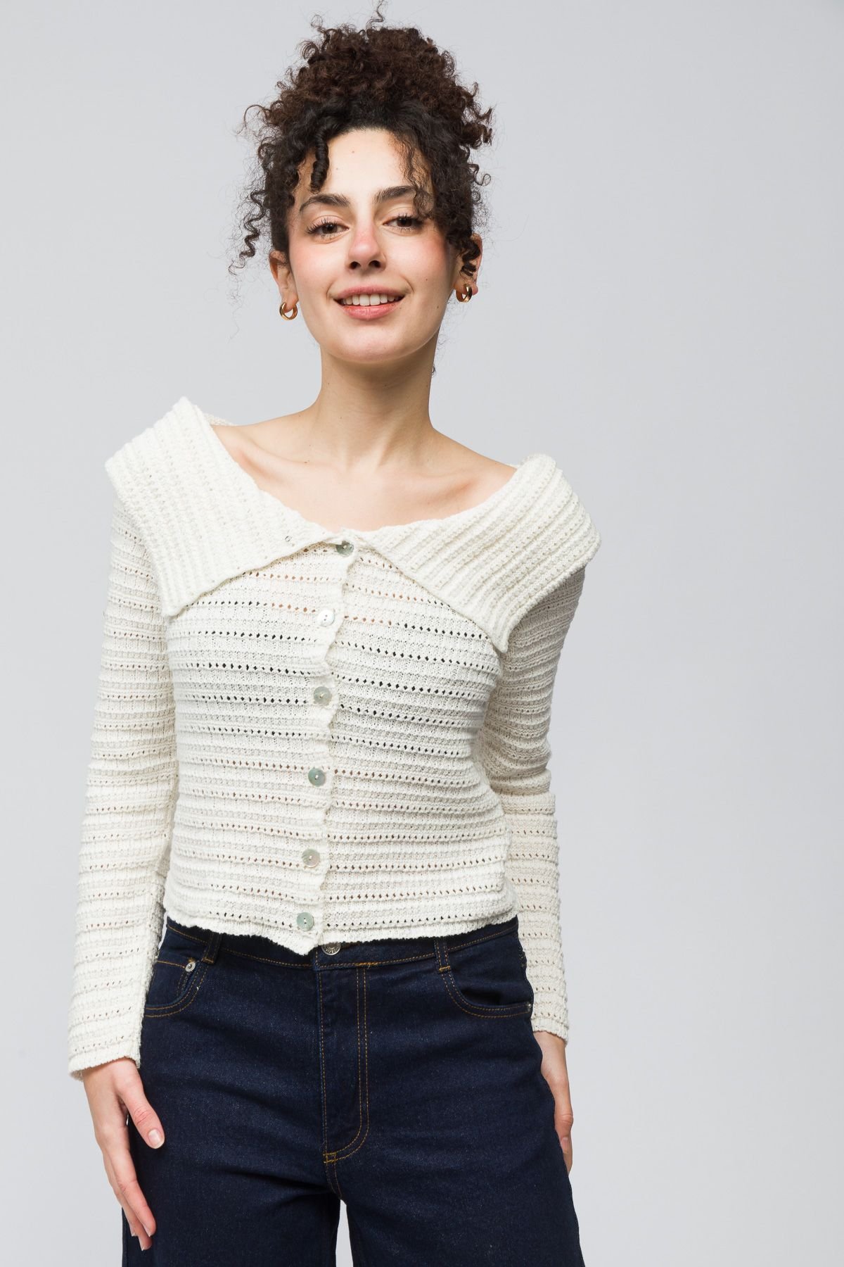 Dexia Dexia Women's Knitted Cardigan with Button Detail Ecru - 3