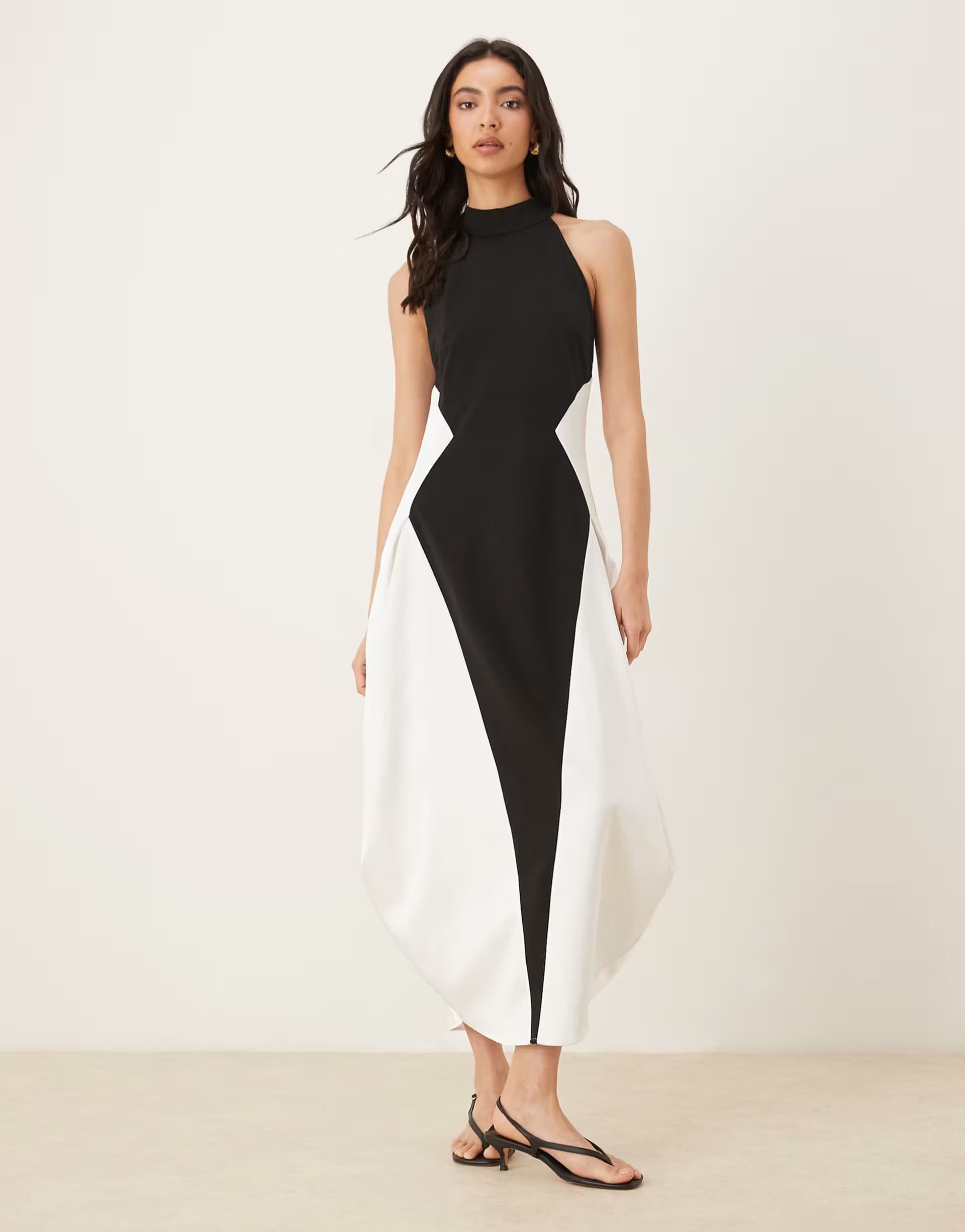 ASOS JW PEI cotton racer halterneck panel detail volume hem maxi dress in mono