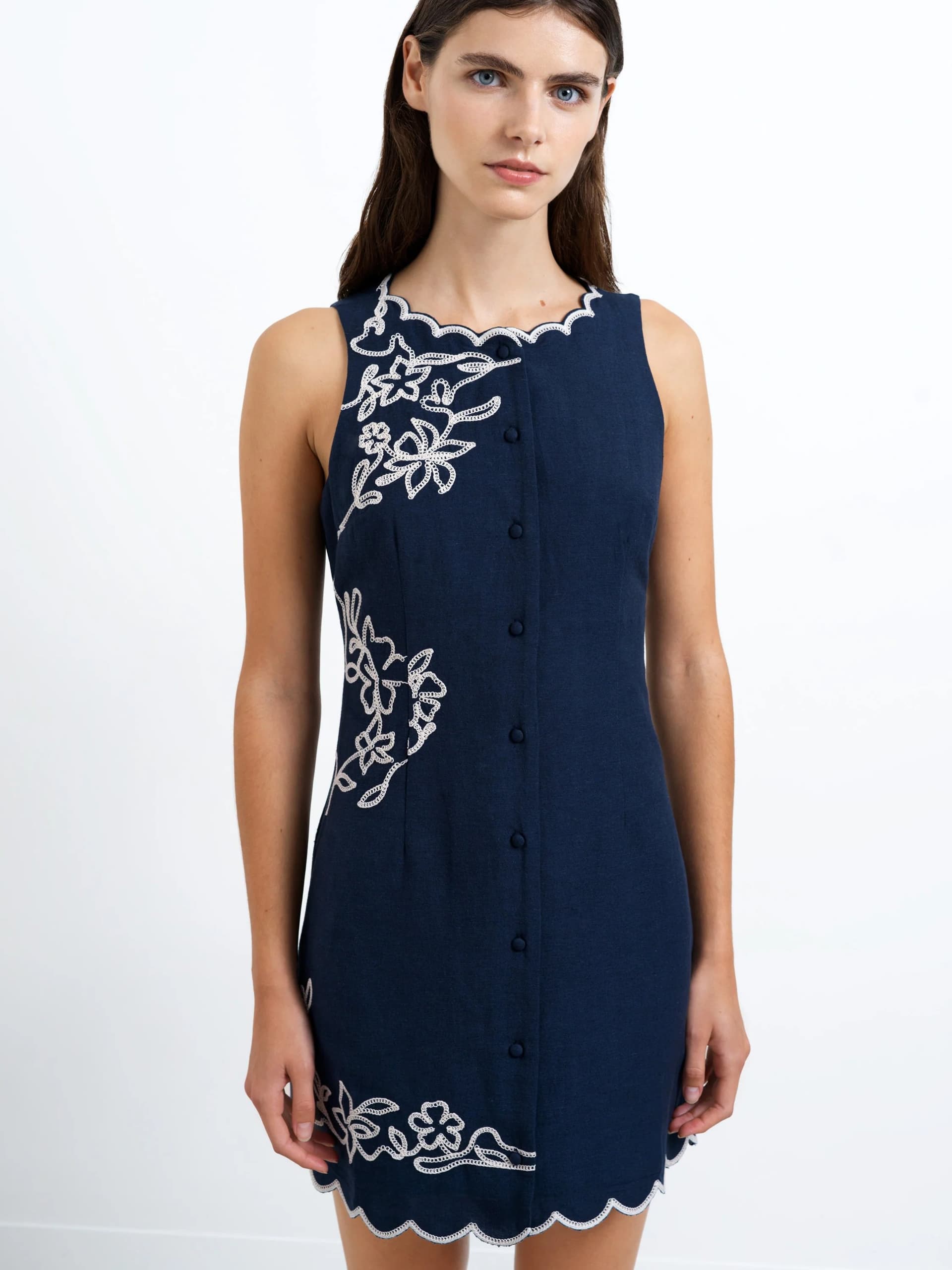 French Connection Calissa Floral Embroidered Navy Mini Dress New Navy Blue/Porcelain