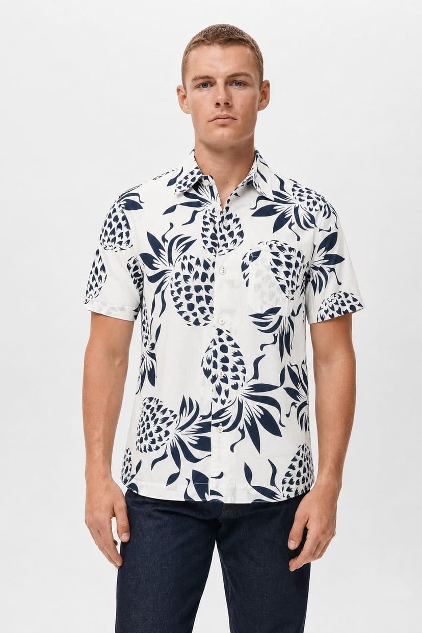 Little Nooks Little Nooks Men's Nicoya Short Sleeve Pineapple Print Shirt in White - 1