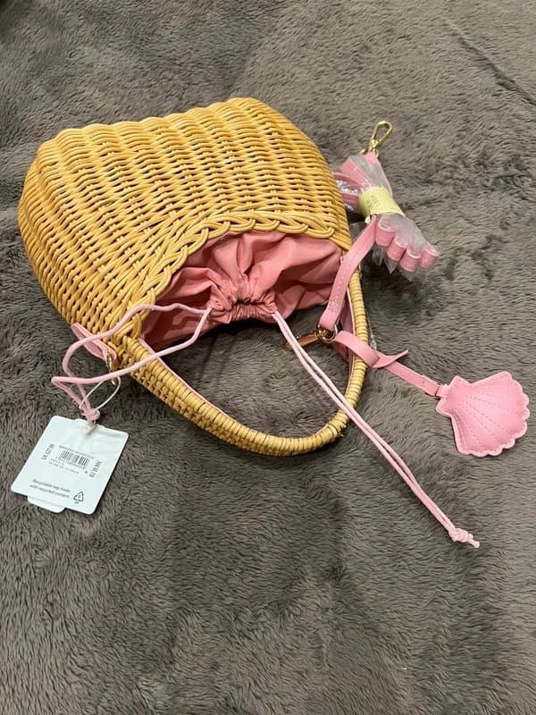 New Look New Look Barbados Wicker Basket Mini Bag | Pink Drawstring and Shell Charm