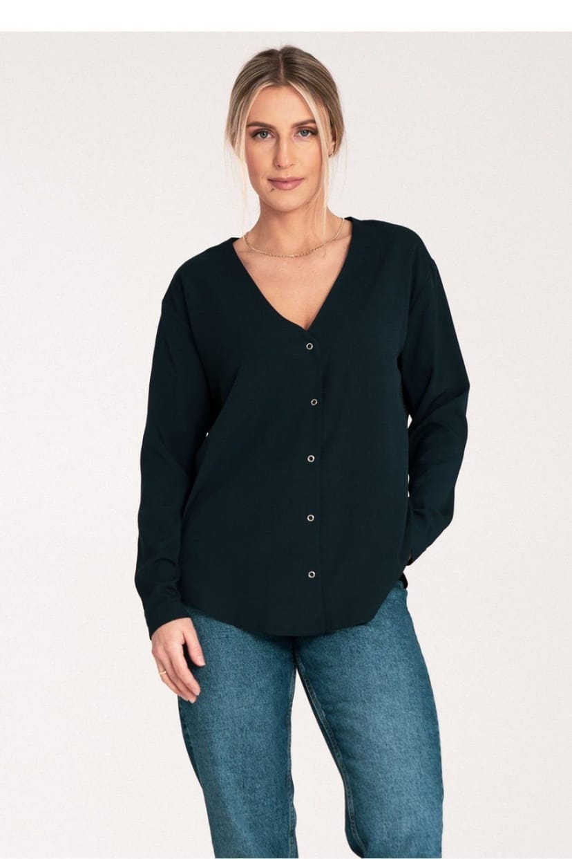 Love Lace Love Lace Women's Long Sleeve Press Stud Shirt With Cheeky Neck in Dark Navy - 1