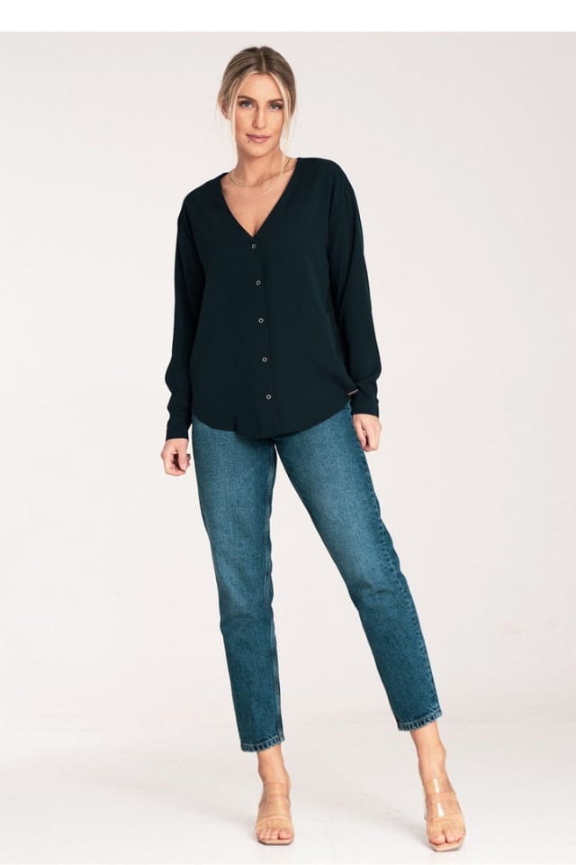 Love Lace Love Lace Women's Long Sleeve Press Stud Shirt With Cheeky Neck in Dark Navy - 2
