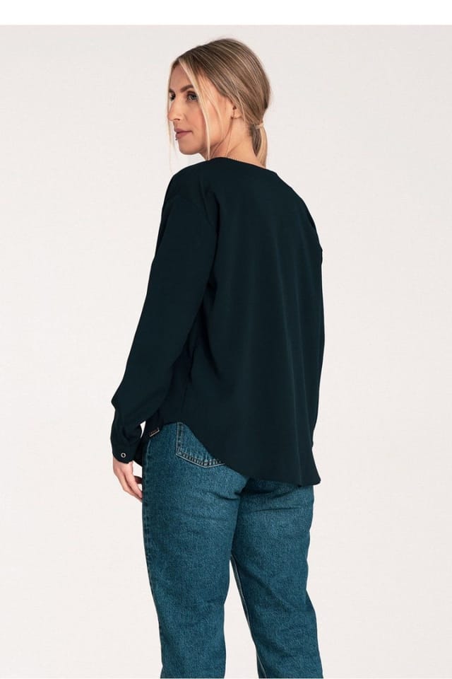 Love Lace Love Lace Women's Long Sleeve Press Stud Shirt With Cheeky Neck in Dark Navy - 3