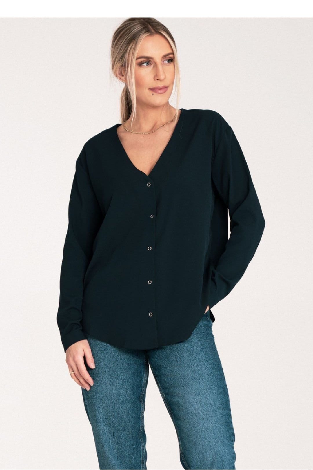 Love Lace Love Lace Women's Long Sleeve Press Stud Shirt With Cheeky Neck in Dark Navy - 4