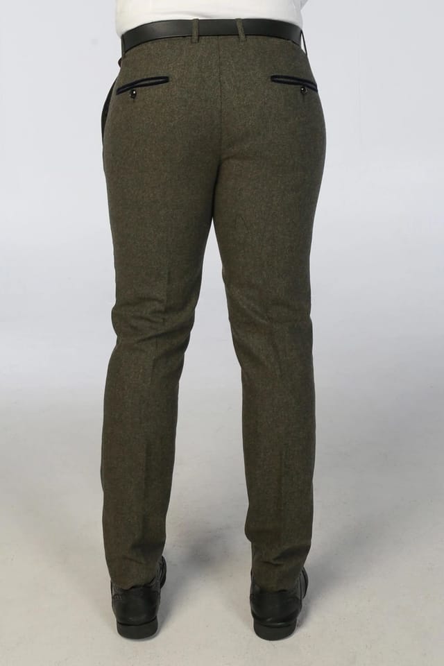 Paul Andrew Paul Andrew Men's Oscar Wool Blend Trousers Tweed Casual Formal Pants in Olive - 2
