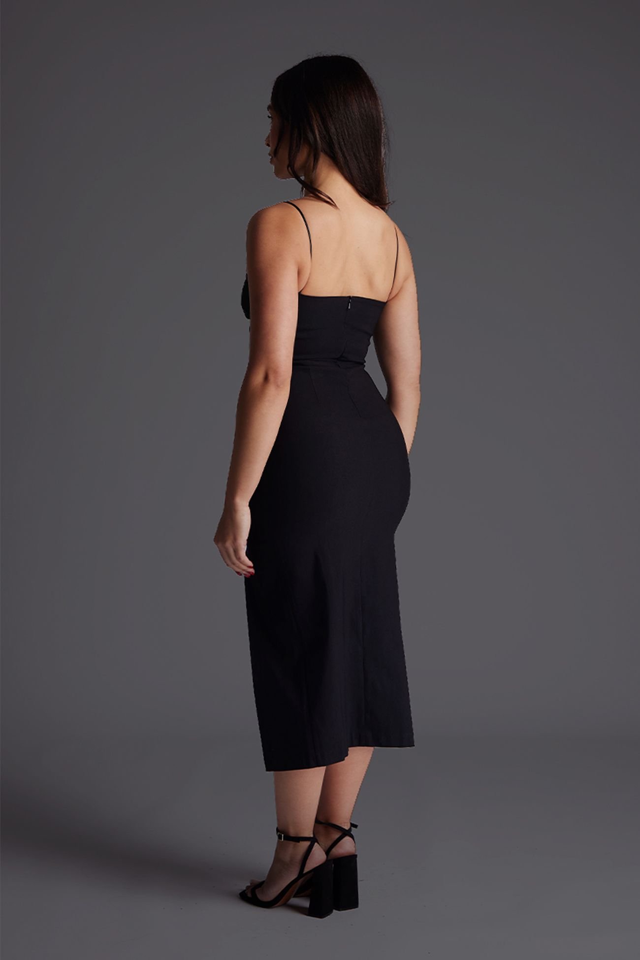 Vesper Vesper Women's Petite Square Neck Midaxi Dress with Thigh Split in Black - 3