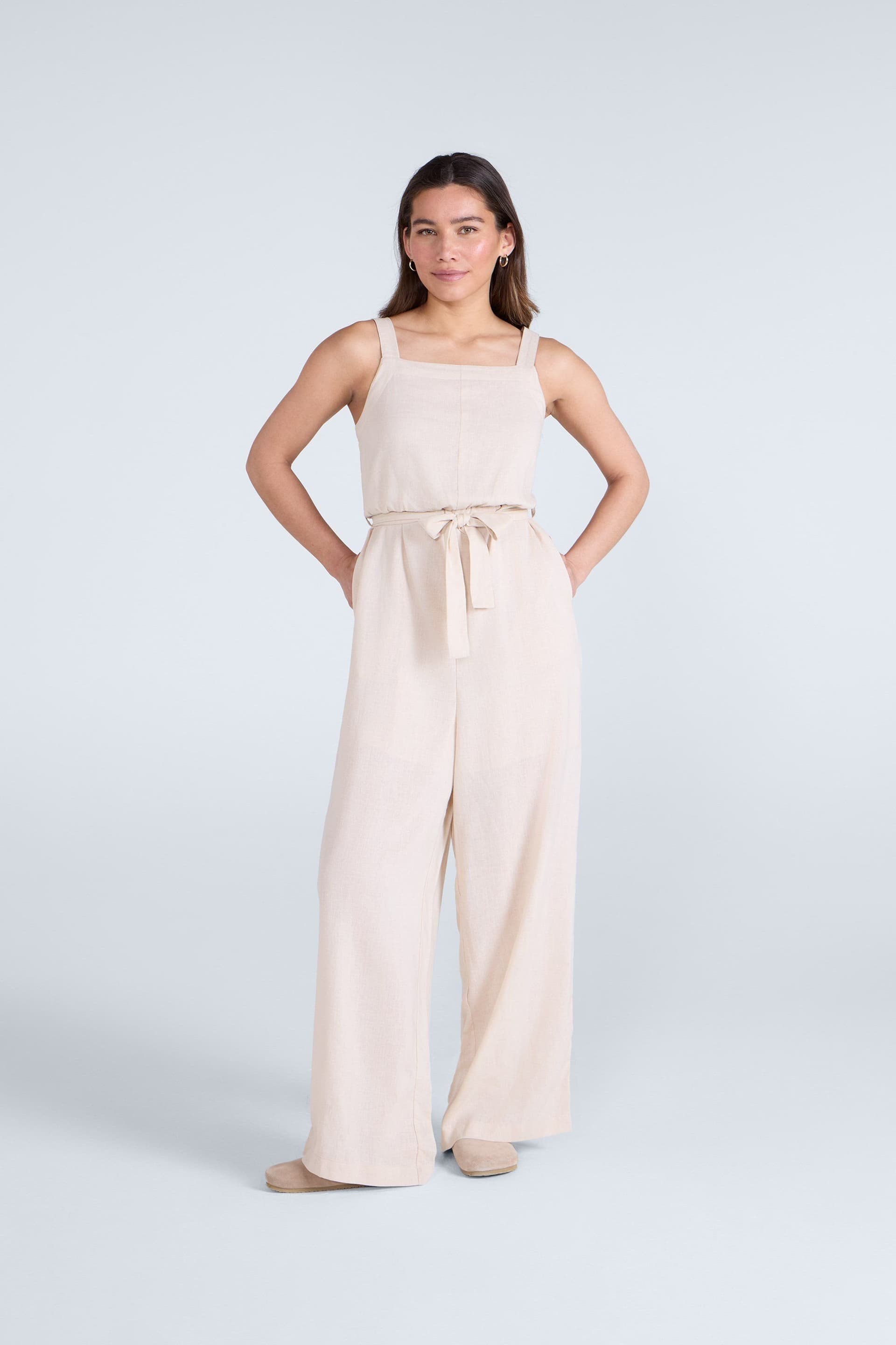 Animal Animal Women's 'Becca' Lightweight Sleeveless Wide Leg Flattering Fit Linen Jumpsuit in Beige