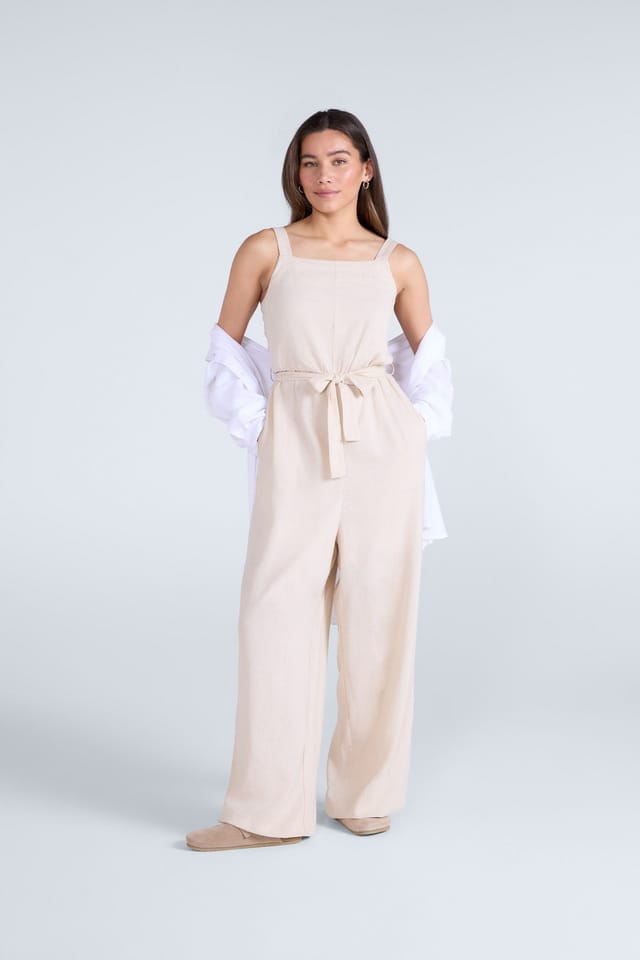 Animal Animal Women's 'Becca' Lightweight Sleeveless Wide Leg Flattering Fit Linen Jumpsuit in Beige - 3