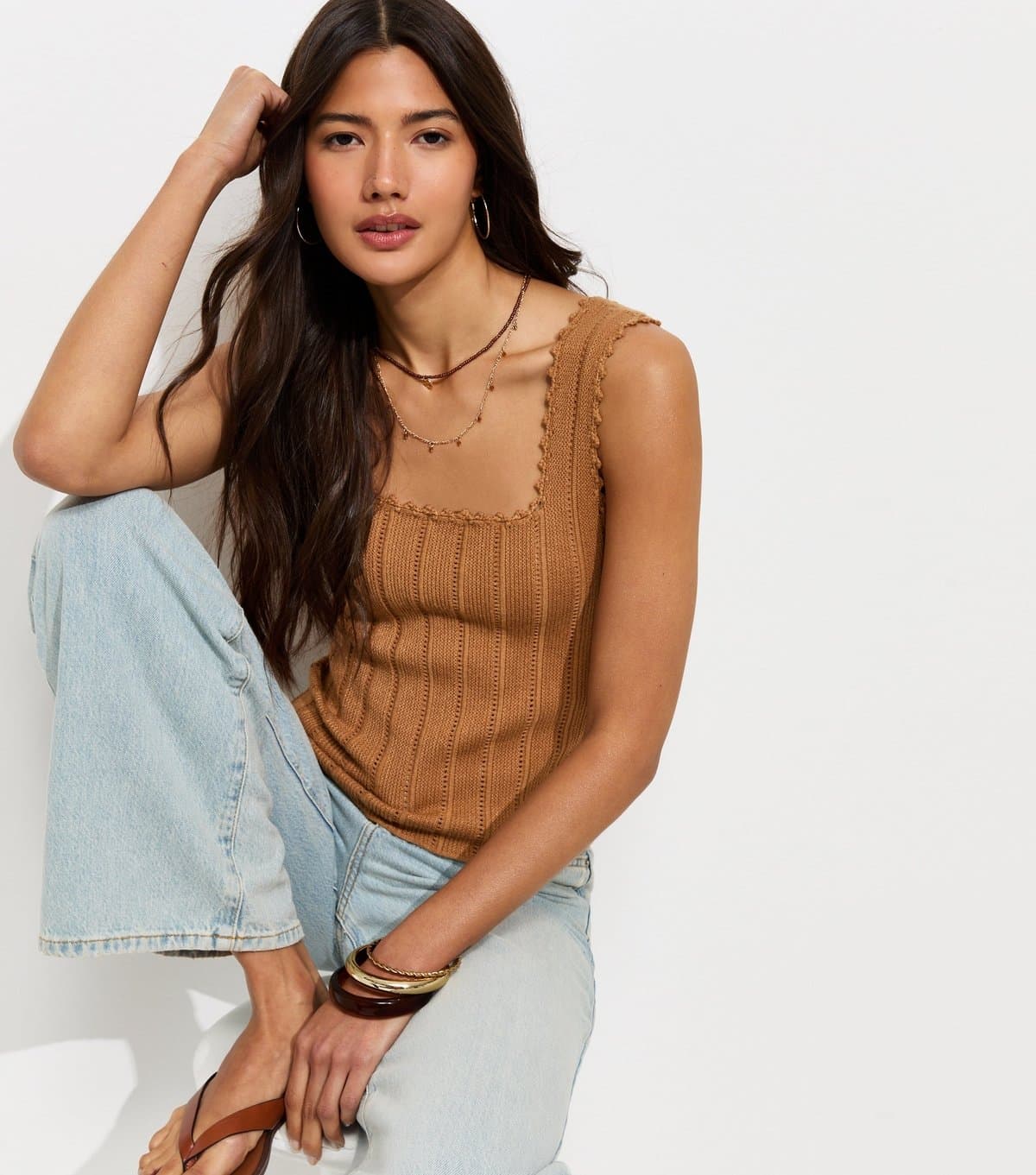New Look Women's Tan Pointelle Square Neck Vest New Look