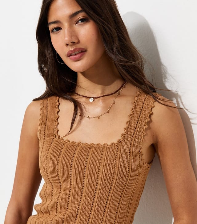 New Look Women's Tan Pointelle Square Neck Vest New Look - 2