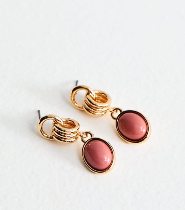 New Look Gold Tone Coral Enamel Oval Drop Earrings New Look - 3