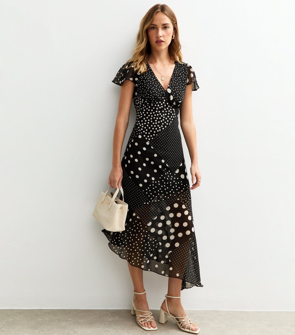 New Look Black Spot Print V-Neck Midi Dress