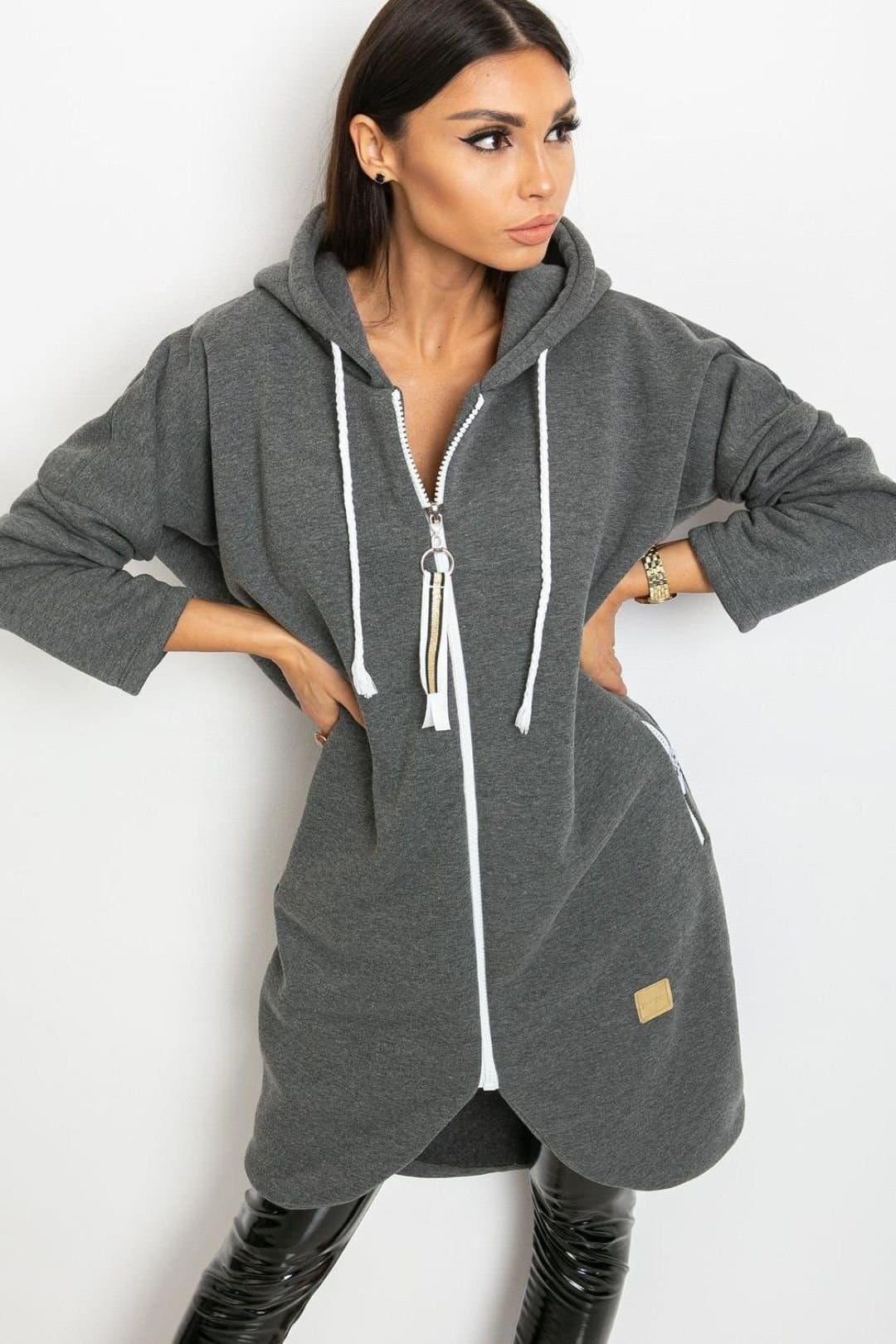 Love Lace Love Lace Women's Extended Cut Zip Hooded Sweatshirt with Pockets in Grey